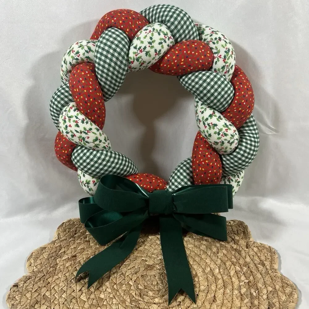 Vintage Christmas Wreath Braided Fabric Plush Hanging Holiday Velvet Green Bow